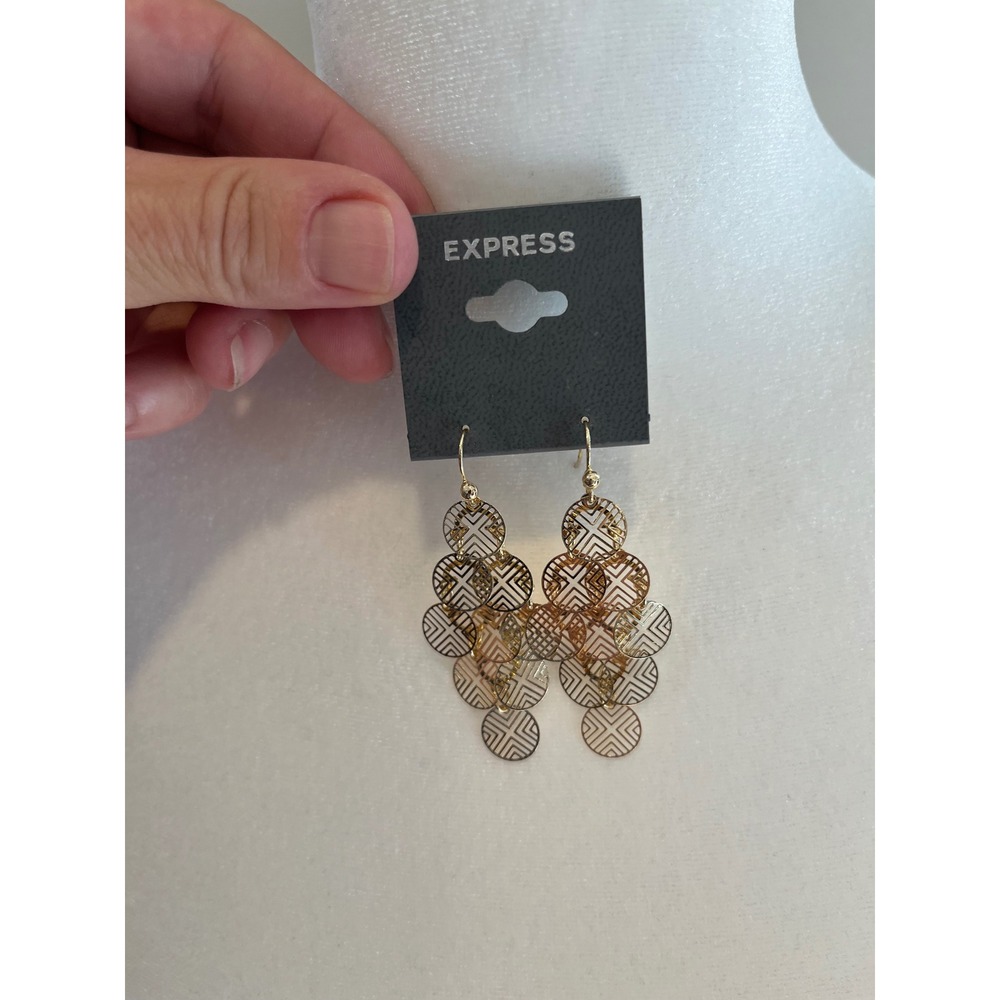 Express Gold Tone Geometric Cutout Multi Disc Chandelier Drop Earrings NWT